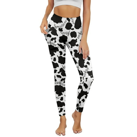 Renewold Cow Print Musical Notes Womens Yoga Pants with Pockets High Waisted Womens Leggings Fashion Exercise Yoga Leggings Lightweight Activewear Printed Ankle Leggings, 3XL