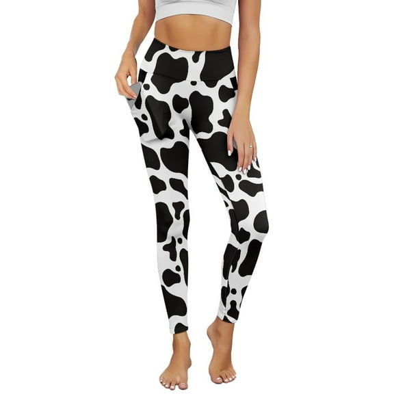 Renewold Cow Print Womens Yoga Pants with Pockets High Waisted Womens Leggings Stylish Exercise Yoga Leggings Opaque Activewear Lightweight Ankle Leggings, 3XL