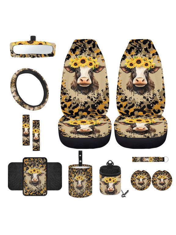 Cow Sunflower Leopard Print 12 PCS Front Car Seat Cover Set, Steering Wheel Cover Seatbelt Strap Pad Armrest Mat Trash Can Mount Storage Pouch Cup Holders Rearview Mirror Cover Keychain