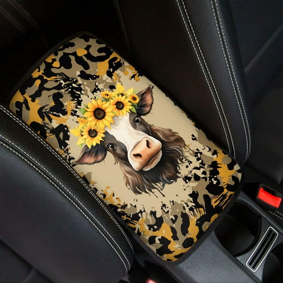 Renewold Cow Sunflower Leopard Print Car Center Console Cover, Armrest Cover for Car, Auto Armrest Cushion Seat Box Pad for Most Cars Trucks and SUV