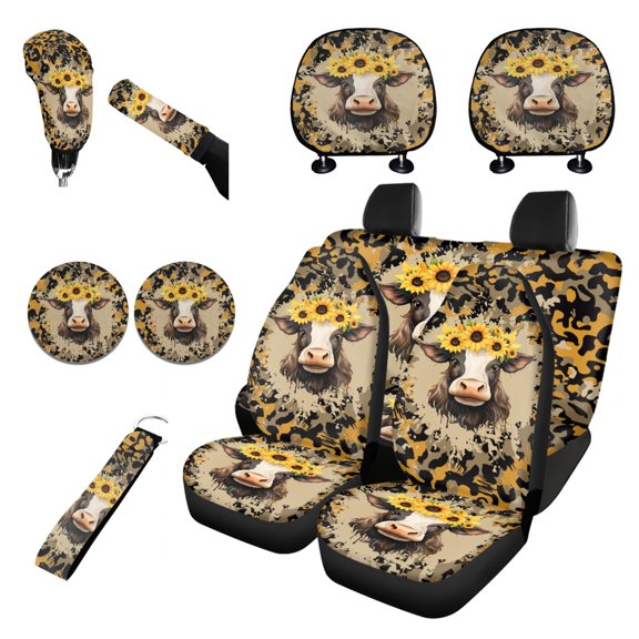 Renewold Cow Sunflower Leopard Print Car Seat Covers Full Set Keychain Auto Coaster Gear Shift Handbrake Cover Design Car Interior Covers for Front Back Seat Protector Head Rest Covers