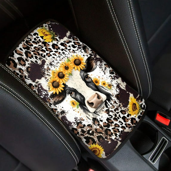 Renewold Cow Sunflower Leopard Print Retro Center Console Armrest Cover for Car, Armrest Cushion Cover Pad Soft Auto Car Interior Accessory Universal Fit for Sedan
