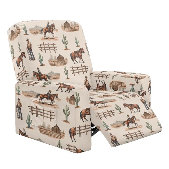 Renewold Cowboy Horse Cactus Stretch Recliner Chair Cover Stay in Place Recliner Couch Cover Anti-Slip Reclining Sofa Slipcover with Pocket 4 Pieces for Reclining Chair