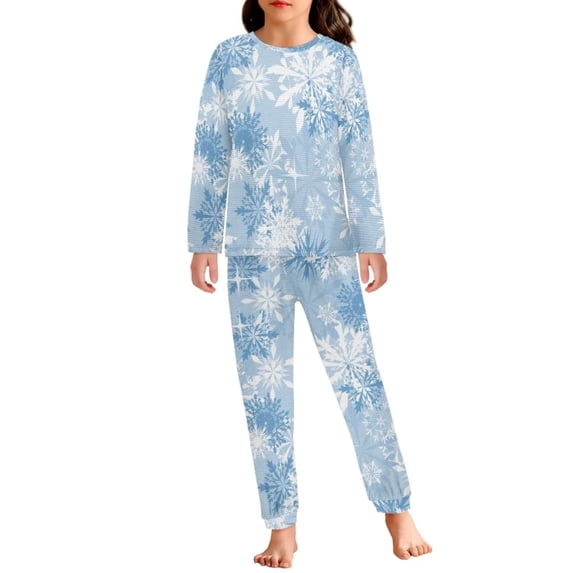 Renewold Cozy Blue Snowflake Pjs Pajamas Set for Kids 2Pcs Christmas Indoor Long Sleeve Down Daily Wear Warmth Relaxed Loungewear Snug-Fit Nightwear Size 9-10