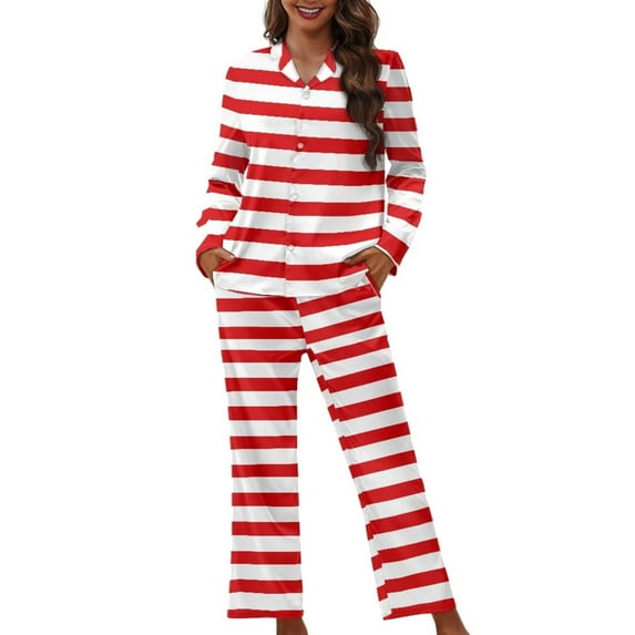 Renewold Cozy Button Pajama for Women Red White Stripes Christmas Clothing Size 4XL Thermal Long Sleeve Shirt & Pants Set of 2 Personalized Snug-Fit Nightwear Loungewear