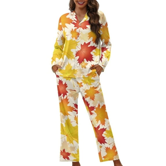 Renewold Cozy Fall Winter Pajamas Set Maple Leaves Athletic Clothing Scoop Neck Shirt 2 Pack Button-Down Nightwear Warmth Thanksgiving Sleepwear for Women,Size M