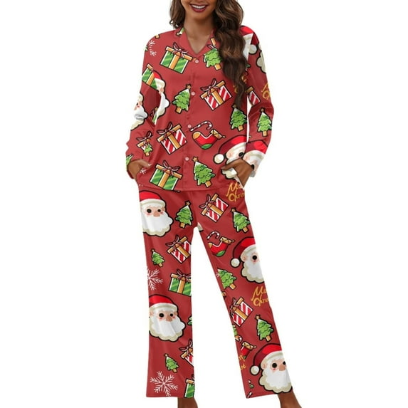 Renewold Cozy Long Sleeve Button Pajama for Birthday Christmas Gifts Xmas Trees Santa Lounge Set of 2 Women Breathable Crewneck Pullover T-Shirt Sleep Wear Size S