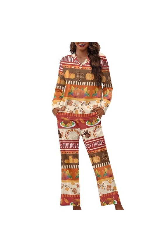 Cozy Long Sleeve Button Pajama Top Pants 2 Pieces Thanksgiving Turkey Pumpkins Sleepwear Pjs for Women Thermal Lounge Set Warm Nightwear Size XS