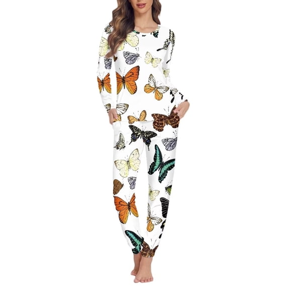 Renewold Cozy Pajamas Set for Women Various Butterflies Print Sweatpants Long Sleeve Pullover Pajamas Sets Home Vacation Casual Pajama Lingerie Size L