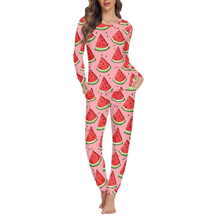 Renewold Cozy Pajamas for Women Long Sleeve Round Neck Long Sleeve Tee Red Watermelon Print Sweatpants Winter Sleep Shirts Size M