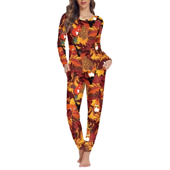 Renewold Cozy Pine Cones Maple Leaves Pajamas Set Women's Breathable Fall Sweatsuit Pants Bottoms Thanksgiving Essential Leisure Athletic Clothing Loungewear Size 2XL