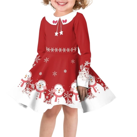 Renewold Cozy Self Cultivation Red Dresses for Kids Toddler Christmas Snowflake Snowman Long-Sleeve Scoop Neck Girls Dress Size S Winter Outdoor Sundress