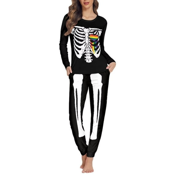 Renewold Cozy Skull Rainbow Stripe Women Pajamas Pajama Set of 2 Pieces Fall Spring Winter Daily Wear Clothing Tops Crewneck Loungewear Tracksuit Size 5XL