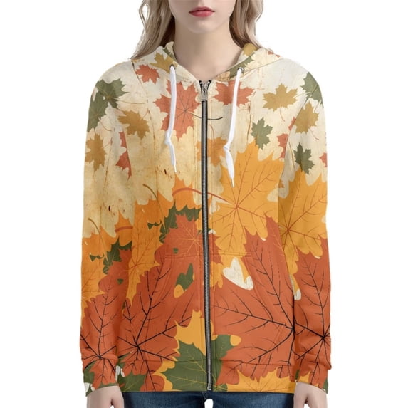 Renewold Cozy Women Hoodie Zip Up Sweatshirt Fall Fallen Leaves Maple Daily Wear Clothing Jacket Coat Breathable Thanksgiving Crewneck Workout Tracksuit Size XL