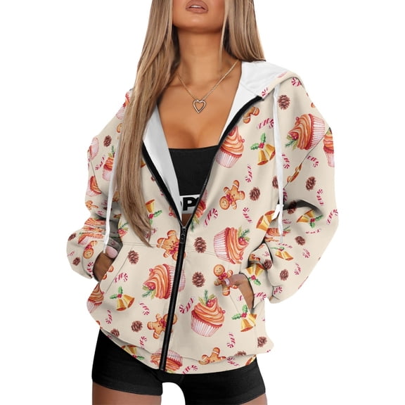 Renewold Cupcake Gingerbread Man Pinecone Womens Zip Up Hoodies Tops Oversized Sweatshirts Long Sleeve Drop Shoulder Pullover Jackets Sweatshirt Tops Gym Tops Trendy Outfits Athletic Clothing, 3XL