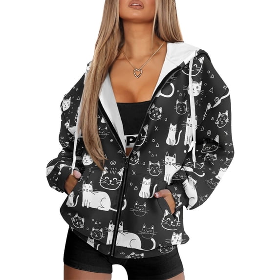 Renewold Cute Cat Black White Womens Full Zip Hoodies Oversized Sweatshirts Loose Fit Long Sleeve Hooded Jacket Streetwear Outwear Hooded Sweatshirt Preppy Outfits for Leggings, S