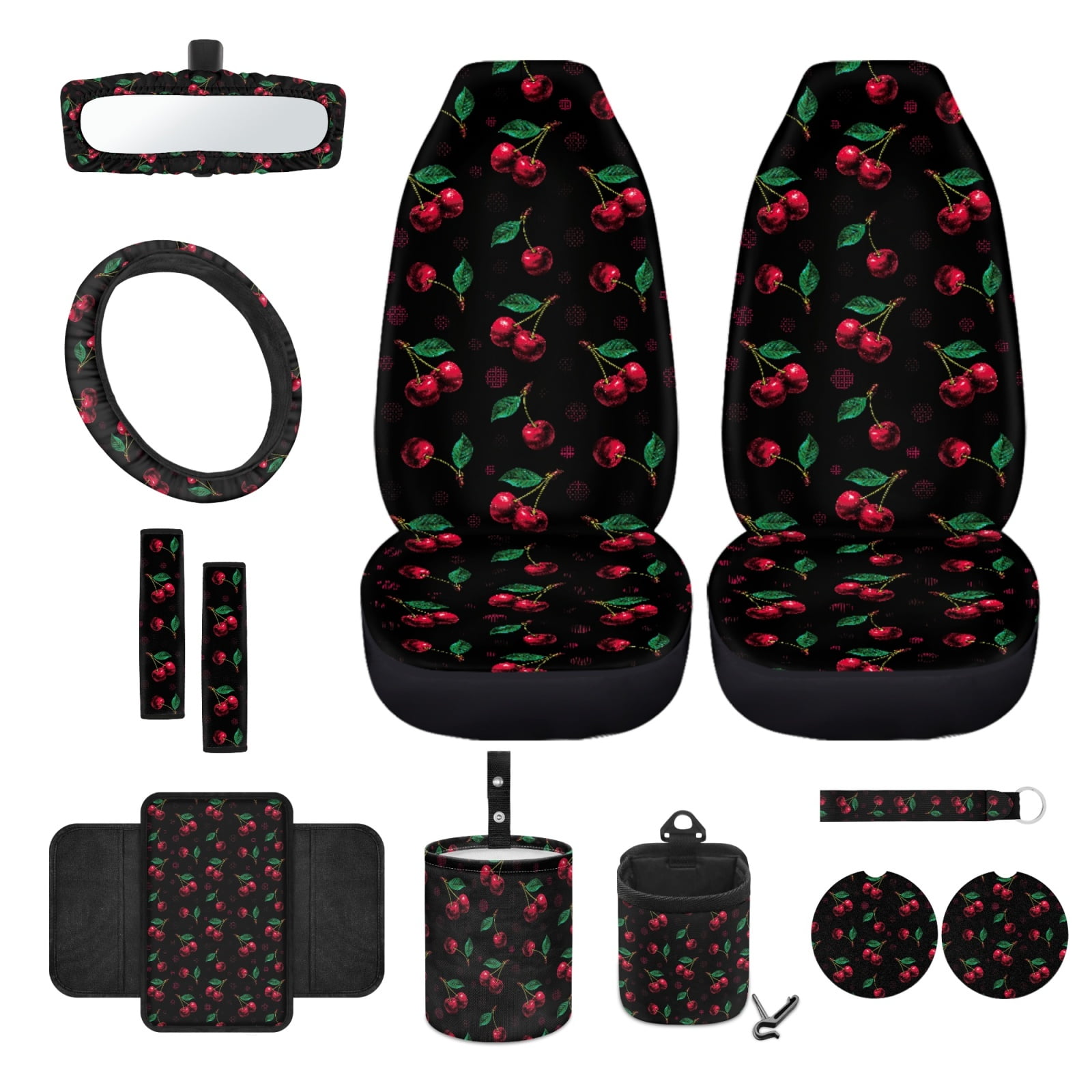 Renewold Cute Cherry Black 12 PCS Front Car Seat Cover Set with Steering Wheel Rear View Mirror Cover Seat Belt Strap Protector Armrest Box Mat Cup Holder Trash Bag Air Vent Storage Pocket Keychain