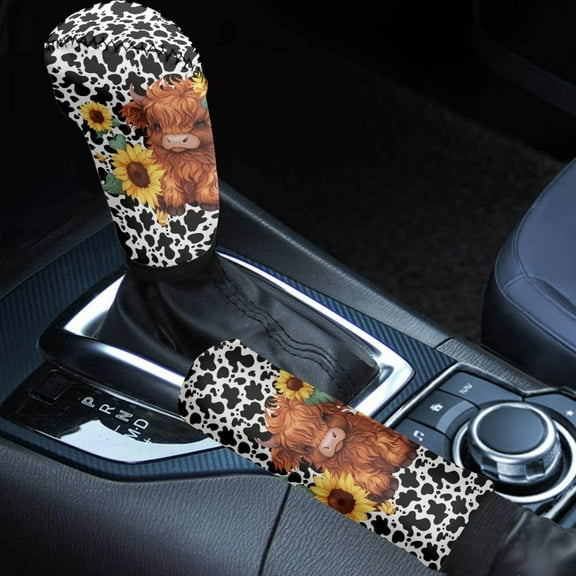 Renewold Cute Highland Cattle Cow Print Car Handbrake Gear Shift Knob Cover 2 PCS Set Universal Fit for Most Vehicles Car Decor Accessories