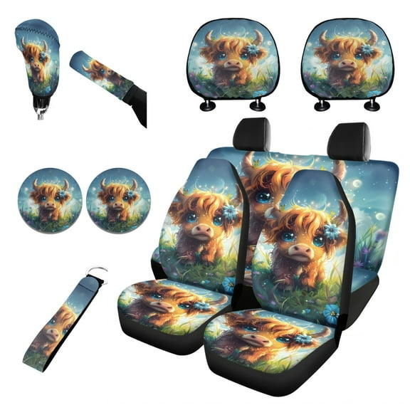 Renewold Cute Highland Cow 11 Pack Car Seat Covers for Women Men, Front Rear Seats Prortector Keychain Headrest Cover Cup Coasters Handbrake Cover Gear Shift Cover Acccessories