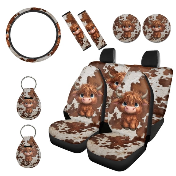 Renewold Cute Highland Cow Brown 11 Pieces Car Accessories Set for Women Men, Non-Slip Front Rear Car Seat Covers Steering Wheel Seat Belt Pads Coasters Key Chains Universal Fit