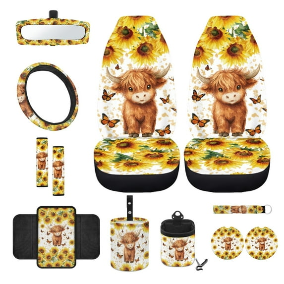 Renewold Cute Highland Cow Sunflower Front Car Seat Cover Full Set 12 PCS, with Steering Wheel Rear View Mirror Cover Seatbelt Armrest Pad Coasters Garbage Bin Keychain Air Vent Pouch Universal Fit