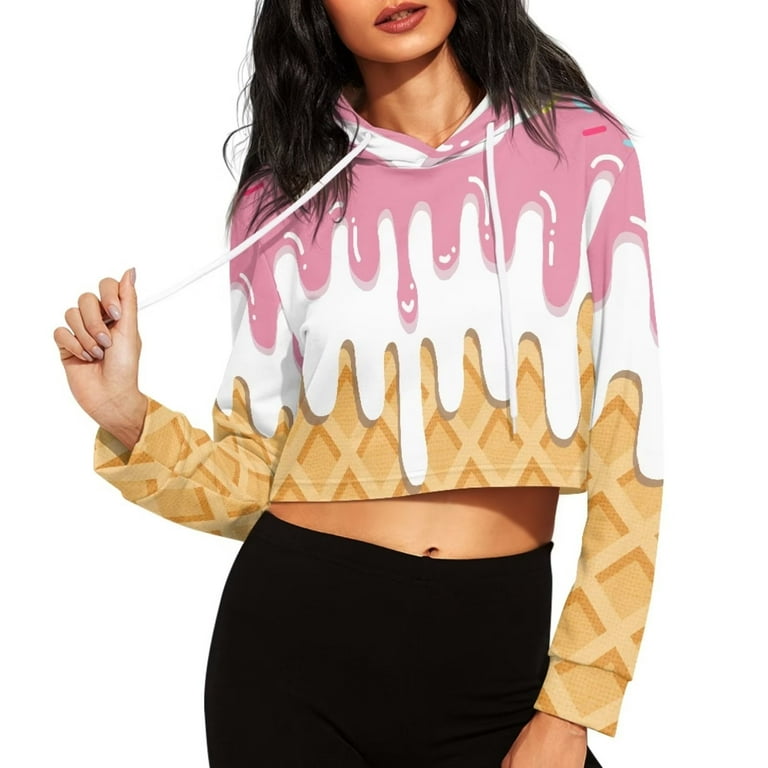 Renewold Cute Ice Cream Graphic Crop Hoodie Pullover Trendy Sweatshirt Blouse Tops Athletic Drawstring Spring Fall Clothing Sportswear for