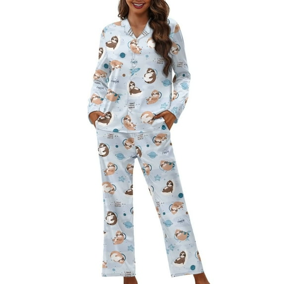 Renewold Cute Sloth Crewneck Pajama Size 2XL Women Home Daily Wear Athletic Clothing Indoor Activities Lingerie Outfits 2 PCS Lightweight Button Loungewear Nightwear Set