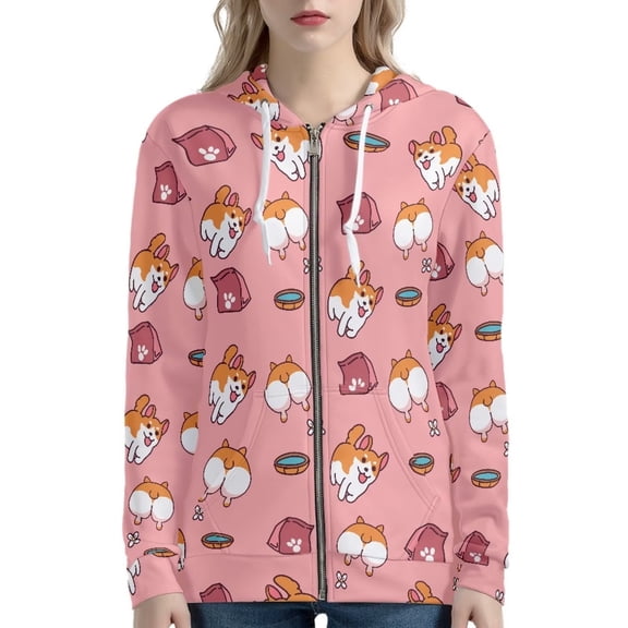 Renewold Cute Sweatshirts Zipper Hoodies Fall Sweatshirt Size 5XL Oversized Tops Lovely Corgi Coat Casual Drawstring Clothes Fashion Active Jersey with Pocket