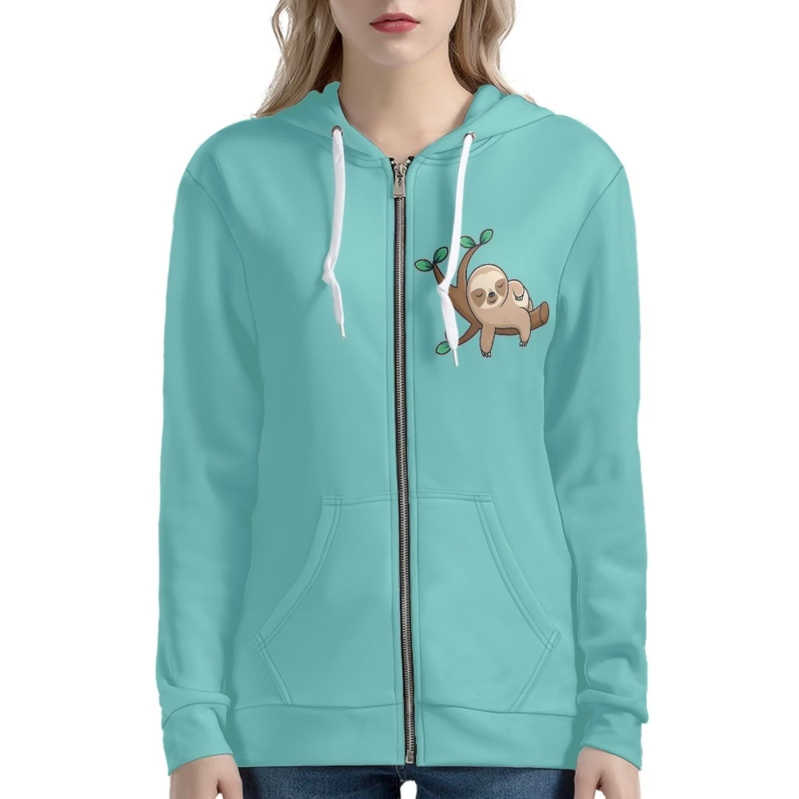 Renewold Cyan Graphic Sweatshirts Size M Cartoon Sleepy Sloth Full Zip Up Hoodies for Women Fall Sweatshirt Athletic Running Tops Super Soft Comfy