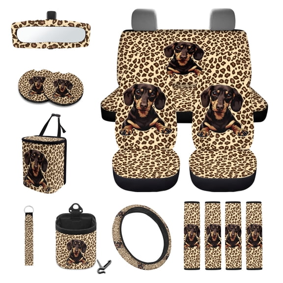 Renewold Dachshund Dog Leopard Print Car Seat Cover Full Set 15 Pieces, with Steering Wheel Cover Seatbelt Shoulder Pad Coasters Garbage Bins Rear View Mirror Cover Keychain Air Vent Storage Pouch