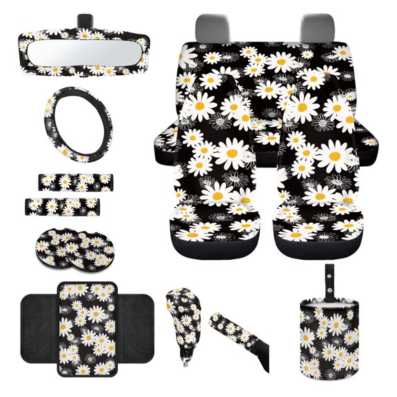 Renewold Daisy Black Car Seat Cover Full Set 14 Pack, with Steering Wheel Seat Belt Rear View Mirror Center Console Trash Can Coaster Gear Shift Knob Cover Set Universal Fit for Most Vehicles