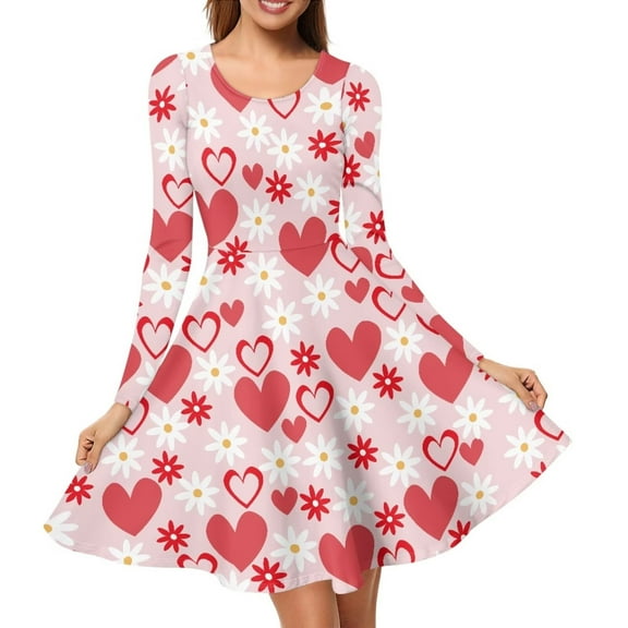 Renewold Daisy Heart A-Line Midi Dress for Women Size 3XL Valentine's Day Long Sleeve Flowy Spring Casual Dress Party Holiday Birthday Elegant Twirl Dress