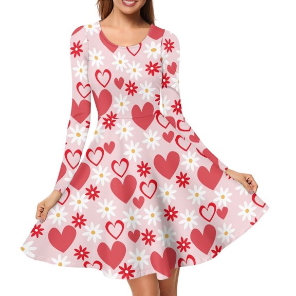 Renewold Daisy Heart A-Line Midi Dress for Women Size 4XL Valentine's Day Long Sleeve Flowy Spring Casual Dress Party Holiday Birthday Elegant Twirl Dress