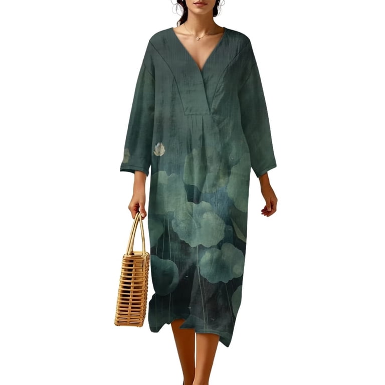 Renewold Dark Green Lotus Leaf Print Tunic Dress for Women Loose Fit Dressy Oversized Oriental Dresses Loose Swing V Neck Women Caftan Dress Lightweight Swimsuit Coverup for Summer, 2XL