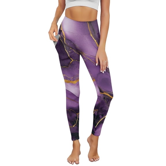 Renewold Dark Violet Marble Leggings for Women with Pockets Running Pants Tight High Waisted Spandex Graphic Leggings Trendy Essential Leggings Scrunch Butt Lifting, S