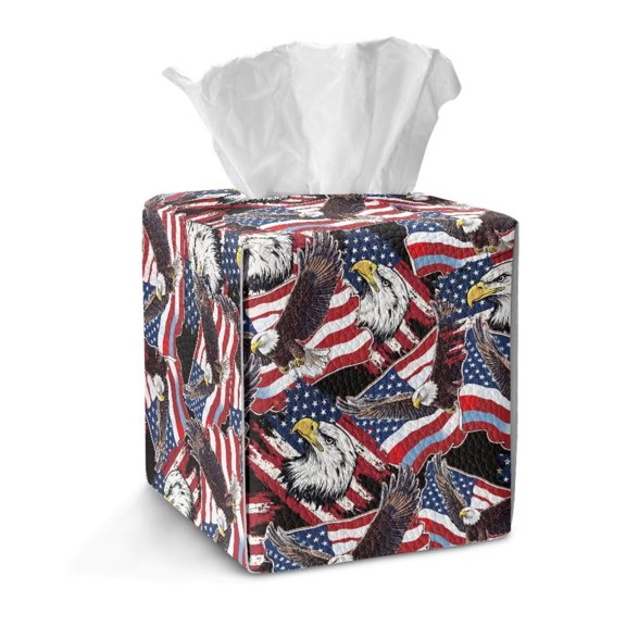 Renewold Decorative Car Tissue Box Holder Square PU Leather Patriotic Decor Tissue Organizer Facial Paper Organizer Dispenser for Kitchen Bathroom Tabletop Office, Eagle American Flag Print