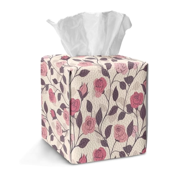 Renewold Decorative Tissue Box Cover Square Dust-proof PU Tissue Holder Washable Comfy Facial Tissues Cube Paper Organizer Dispenser for Kitchen Hotel Dining Room, Rose Floral Print Pink Beige
