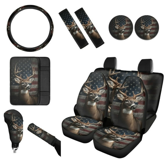 Renewold Deer American Flag Car Seat Cover Full Set 12 PCS, with Steering Wheel Seat Belt Cover Armrest Pad Coasters Handbrake Gear Shift Knob Set Auto Accessories Decor