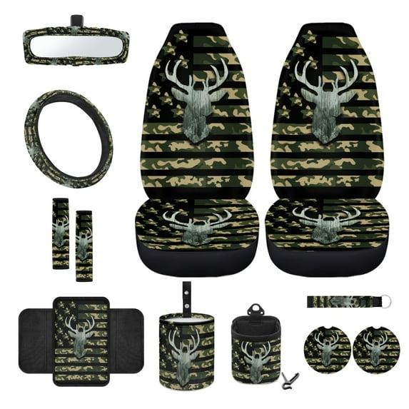 Renewold Deer Camo American Flag Green 12 Pack Front Car Seat Cover Full Set, Steering Wheel Seatbelt Strap Pad Armrest Mat Trash Can Mount Phone Pocket Cup Holders Rearview Mirror Cover Keychain