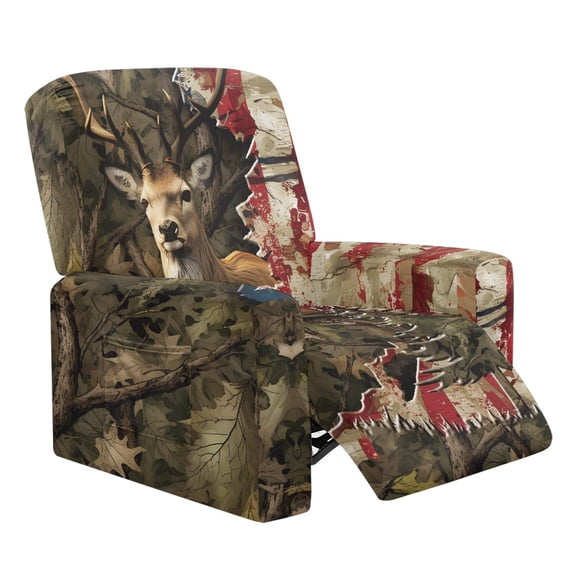 Renewold Deer Camo Hunting American Flag Couch Cover Recliner Comfy Chair Cover for Recliner 4 Pieces Anti-Slip Single Seat Couch Slipcover Stretch Furniture Protector for Living Room