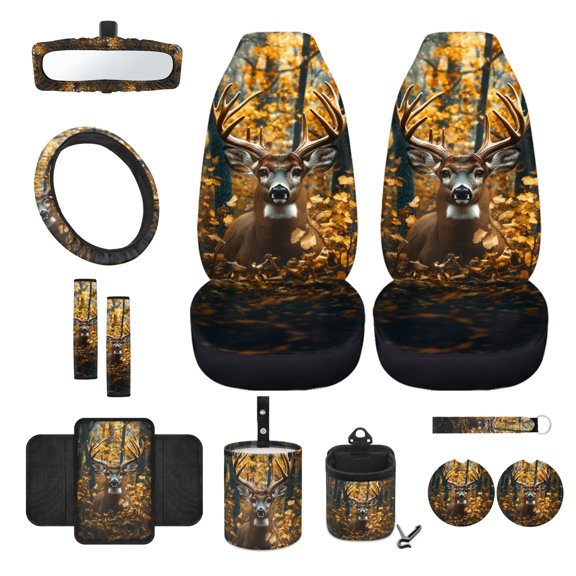 Renewold Deer Camo Hunting Forest 12 PCS Front Car Seat Cover Front Seat Cover with Steering Wheel Cover Seat Belt Pad Armrest Cover Garbage Bag Air Vent Bag Rearview Mirror Cover Coasters Key Chain