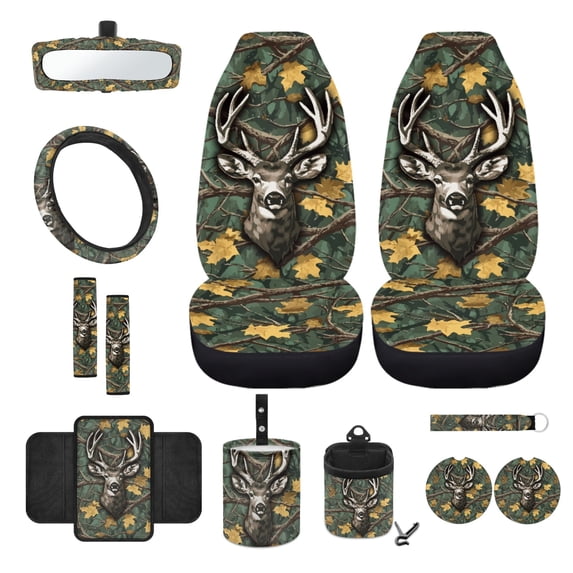Renewold Deer Camo Hunting Forest 12 PCS Front Car Seat Cover Full Set, with Steering Wheel Cover Seat Belt Pad Armrest Box Mat Trash Bin Rear View Mirror Cover Cup Holders Keychain Air Vent Pouch
