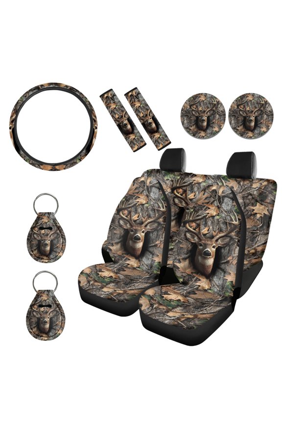 Deer Camo Hunting Forest Car Accessories Full Set, Universal Front Back Car Seat Covers Steering Wheel Cover Seat Belt Pads Cup Holder Key Chains 11 PCS Car Accessories, Easy to Install