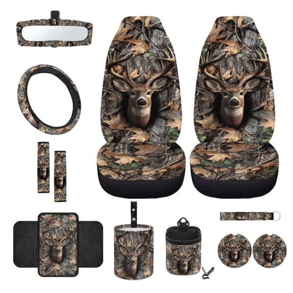 Renewold Deer Camo Hunting Forest Front Car Seat Cover Full Set 12 PCS, with Steering Wheel Cover Seat Belt Cover Armrest Mat Trash Bag Air Vent Bag Rear View Mirror Cover Cup Coasters Key Chain