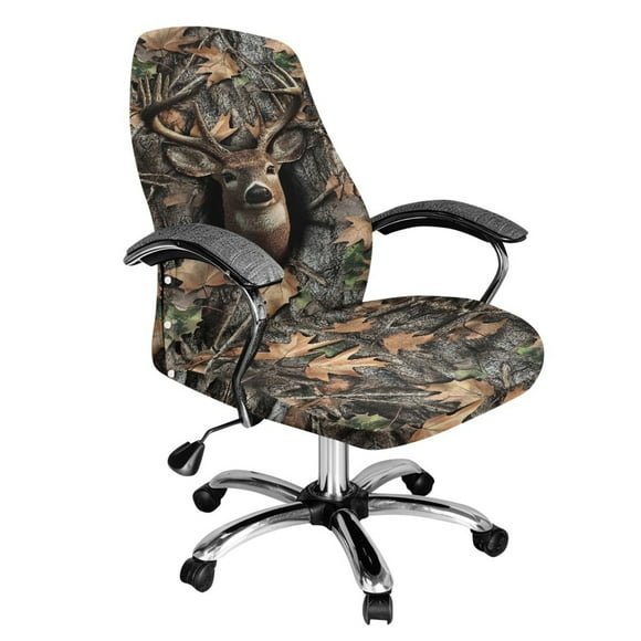 Renewold Deer Camo Hunting Forest Grey Office Chair Cover Universal Rotating Boss Chair Cover Printed Desk Chair Protector Stretch Fabric Cover with Elastic Bottom, L