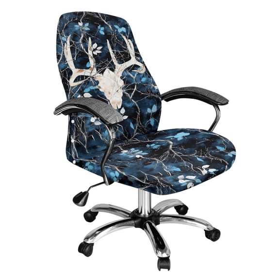 Renewold Deer Skull Camo Hunting Forest Blue Office Chair Cover Universal Rotating Boss Chair Cover Printed Desk Chair Protector Stretch Fabric Cover with Elastic Bottom, S