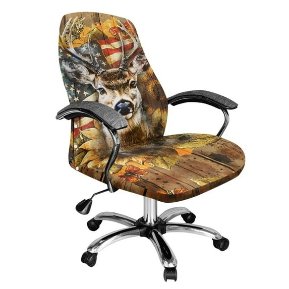 Renewold Deer Sunflower American Flag Home Office Chair Cover for Armrest Chairs Universal Stretchable Rotating Boss Chair Slipcover Chair Protector Cover for Office Chair, S