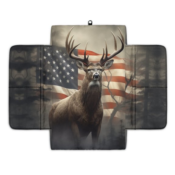 Renewold Deer US Flag Car Center Console Cover Soft Armrest Cover Cushion with Pockets Storage Bag Scratch Resistant Arm Rest Covering Middle Console Pad Car Decor