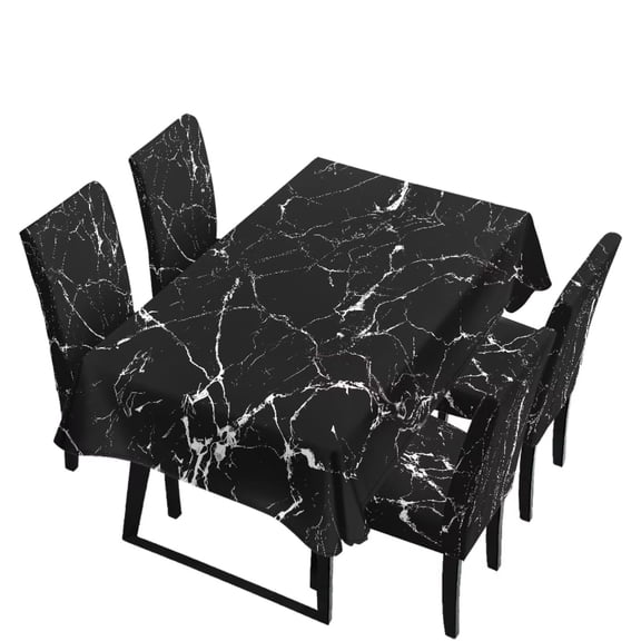 Renewold Dining Chair Covers and Dining Table Cloth Rectangle 4 Seater, Comfortable Dust Proof Parsons Chair Slipcovers Washable Rectangle Table Cloth, Black White Marble Print