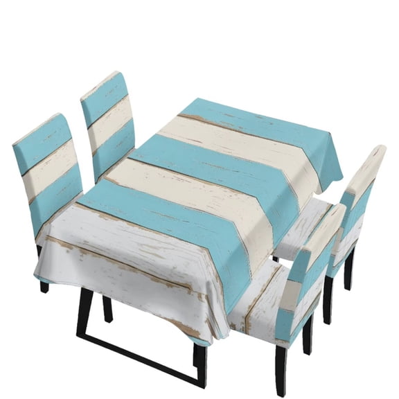 Renewold Dining Chair Covers and Dining Table Cloth Rectangle 4 Seater, Comfortable Dust Proof Parsons Chair Slipcovers Washable Rectangle Table Cover, Blue Beige Retro Wood Grain